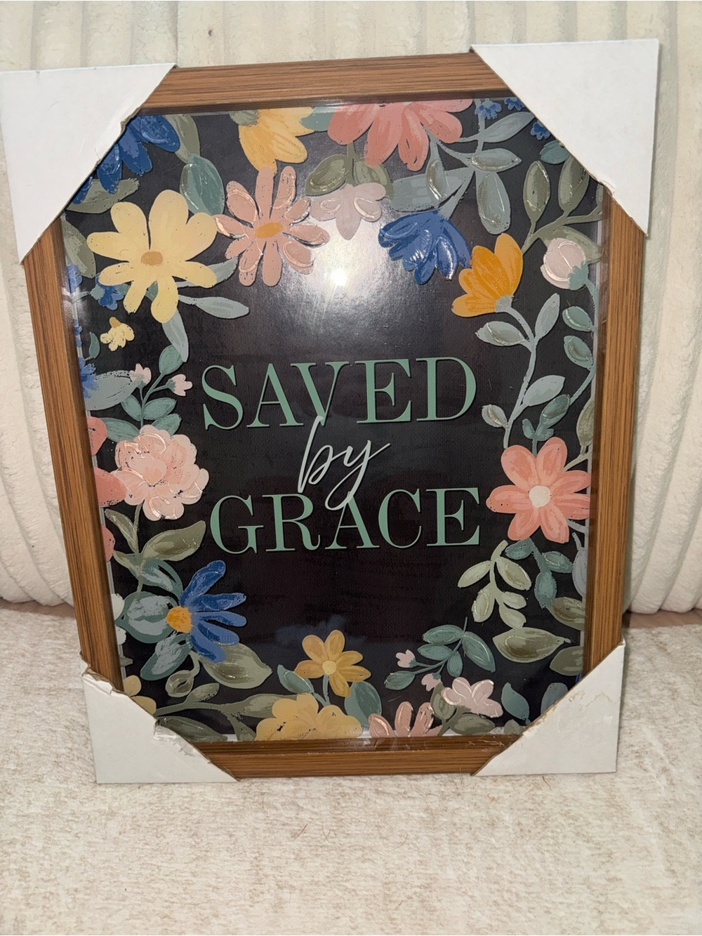 14” x 11” “Saved by Grace” Floral Framed Wall Art – Christian Wall Décor